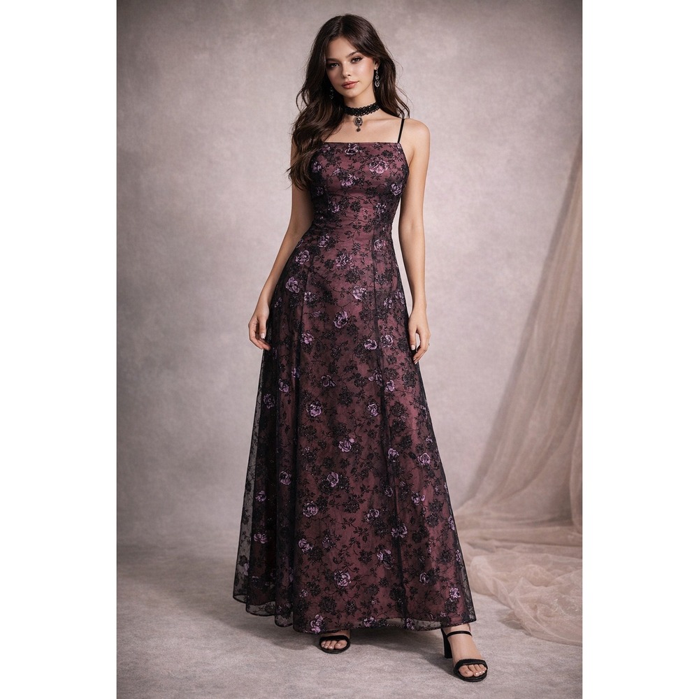 Vtg 90s Morgan and Co Floral Lace Gown Burgundy Black Whimsigoth Fairy Prom Y2K